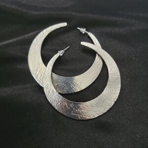Silver Textured Crescent Hoop Earrings - Women's Jewelry